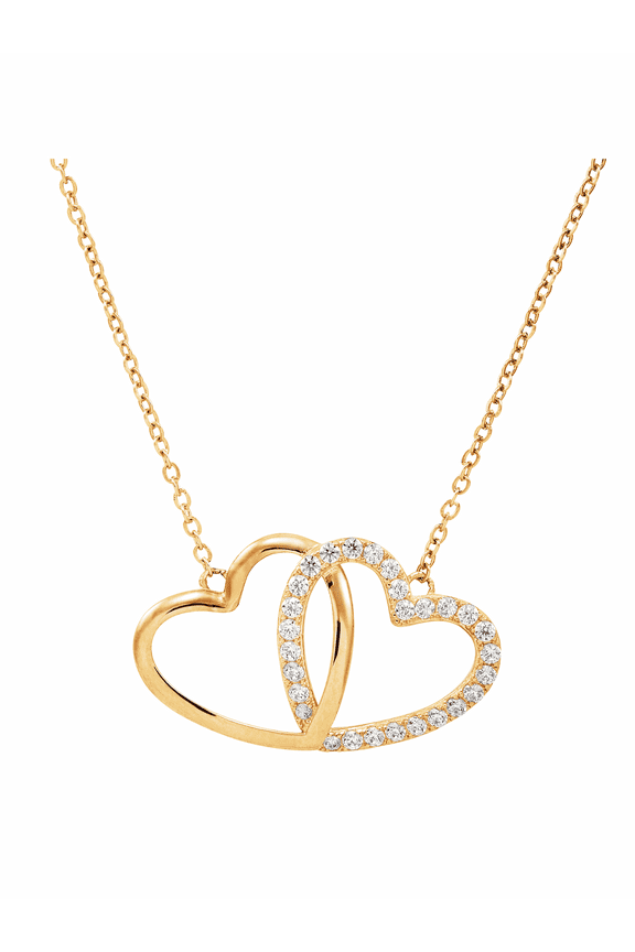 Women's Finecraft Interlocking Hearts Pendant Necklace with Cubic Zirconias in 10kt Yellow Gold, 17.5"