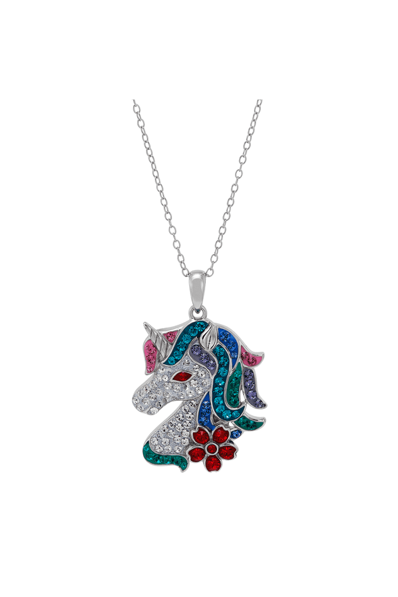 Women's Finecraft Multi-Color Crystal Unicorn Pendant Necklace in Sterling Silver, 16" + 2"