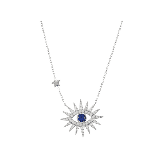 Women's Finecraft Opal Evil Eye Pendant Necklace with Sapphire and Cubic Zirconia in Sterling Silver, 18"
