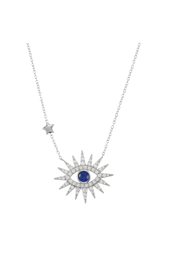 Women's Finecraft Opal Evil Eye Pendant Necklace with Sapphire and Cubic Zirconia in Sterling Silver, 18"
