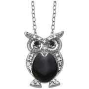 Women's Finecraft Owl Pendant Necklace with Natural Sapphires & Diamond in Sterling Silver-Plated Brass, 18"