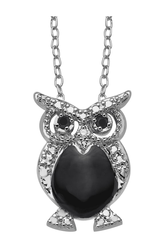 Women's Finecraft Owl Pendant Necklace with Natural Sapphires & Diamond in Sterling Silver-Plated Brass, 18"