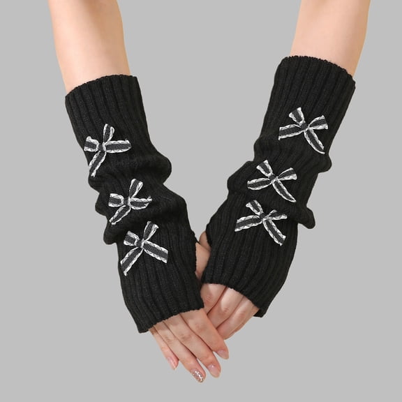 Women's Fingerless Arm Warmers with Bow, Y2K Style Soft Knit Puff Sleeve Gloves, Cold Weather Layering Accessory for School Aesthetic and Winter Fashion - Black1