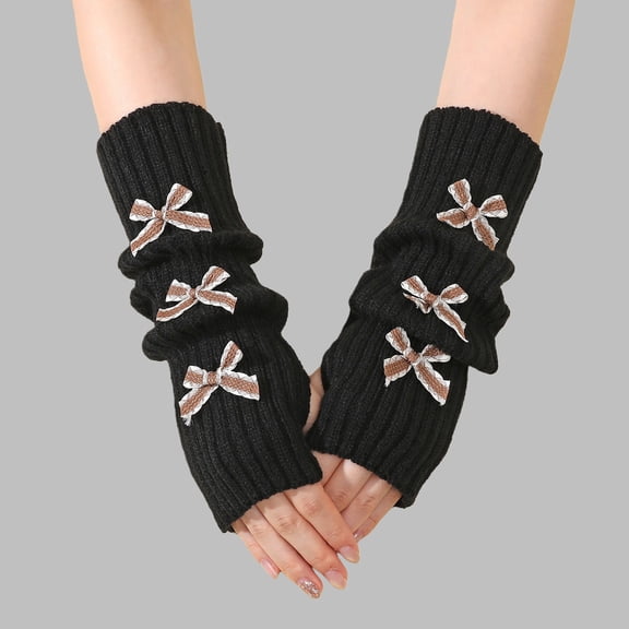 Women's Fingerless Arm Warmers with Bow, Y2K Style Soft Knit Puff Sleeve Gloves, Cold Weather Layering Accessory for School Aesthetic and Winter Fashion - Black2