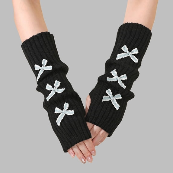 Women's Fingerless Arm Warmers with Bow, Y2K Style Soft Knit Puff Sleeve Gloves, Cold Weather Layering Accessory for School Aesthetic and Winter Fashion - Black4