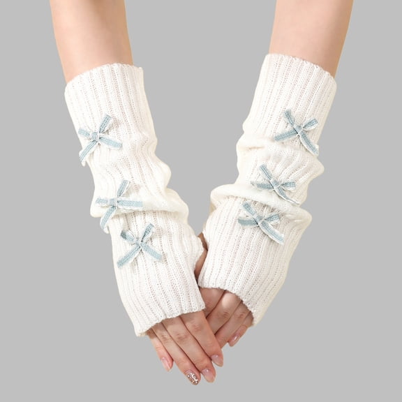 Women's Fingerless Arm Warmers with Bow, Y2K Style Soft Knit Puff Sleeve Gloves, Cold Weather Layering Accessory for School Aesthetic and Winter Fashion - White4