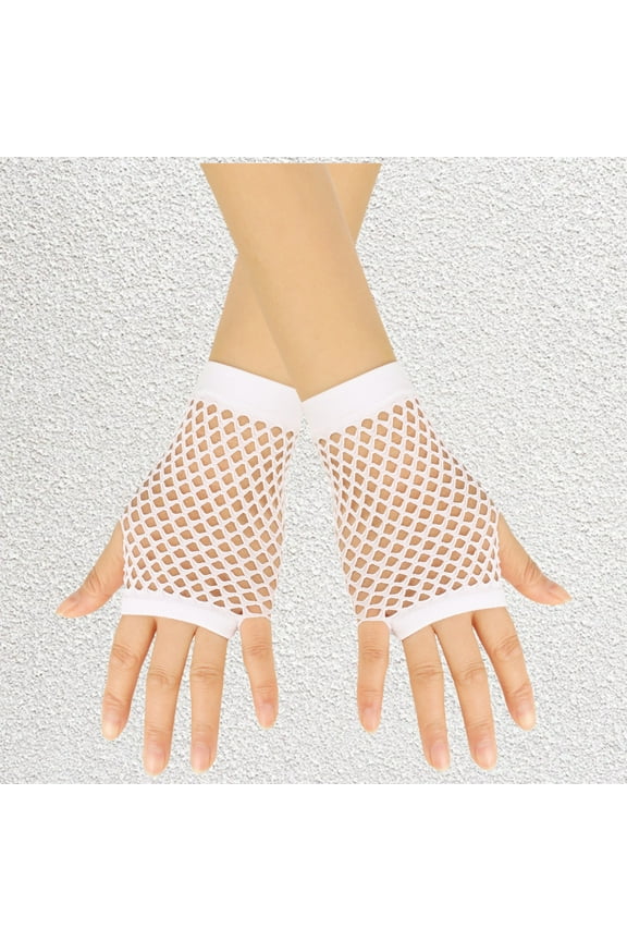 Women's Fingerless Fishnet Gloves, Short Mesh Goth Gloves for 80s Retro Party, Stretchy Punk Club Gloves with Color Options, Nightclub Fashion Accessories for Cosplay and Costume Parties - White