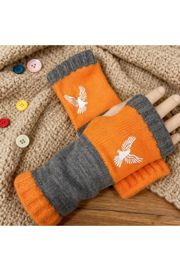 Women's Fingerless Gloves with Bird Embroidery, Soft Knitted Acrylic Blend Half Finger Gloves for Autumn and Winter Warmth, Daily Fashion, Smartphone Use and Outdoor Activities