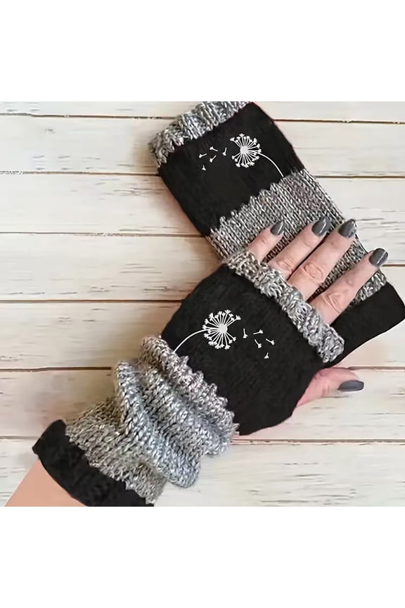 Women's Fingerless Gloves with Dandelion Pattern, Knitted Half Finger Gloves for Touchscreen Use, Soft Acrylic Blend Warm Winter Fashion Accessory for Daily Commute and Outdoor Activities