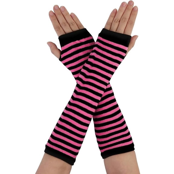 Women's Fingerless Gloves Printed Elbow Length Knitted Arm Warmers Black and Pink