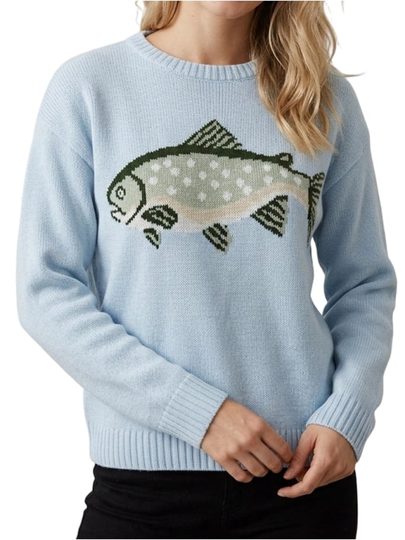 Women's Fish Graphic Crew Neck Loose Long Sleeve Pullover Knit Sweater Blue M