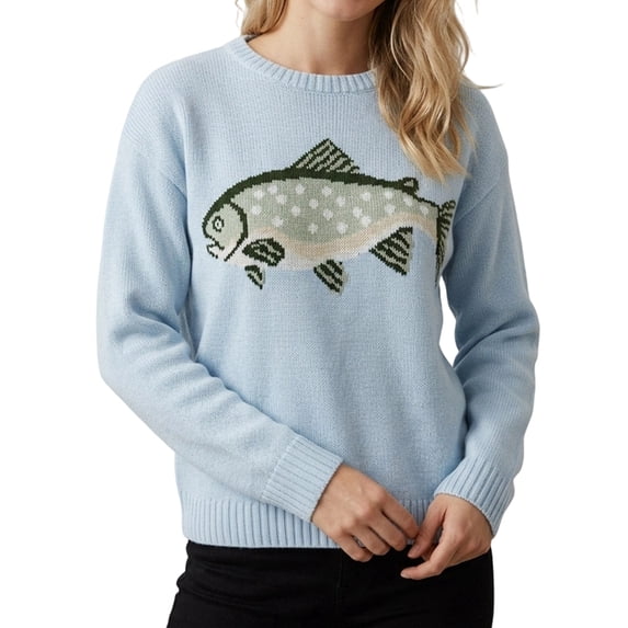 Women's Fish Graphic Crew Neck Loose Long Sleeve Pullover Knit Sweater Blue XL
