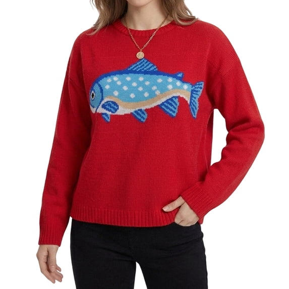 Women's Fish Graphic Crew Neck Loose Long Sleeve Pullover Knit Sweater Red S
