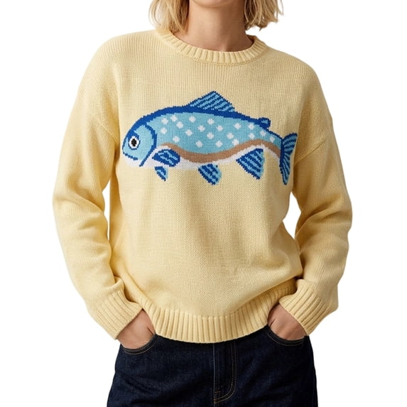 Women's Fish Graphic Crew Neck Loose Long Sleeve Pullover Knit Sweater Yellow XL