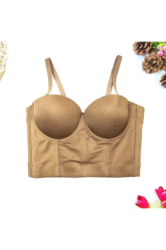 Women's Fishbone Corset Bra Sleeveless Push up Corset Bustier Bras Cropped Tops Coffee M