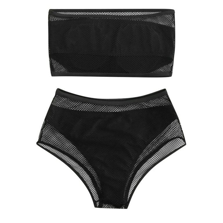 Fishnet overlay bandeau high waisted store bikini swimsuit