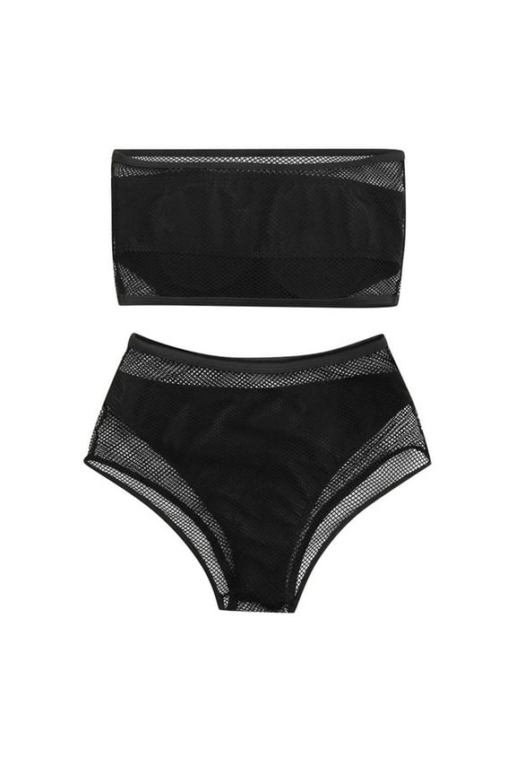 Women's Fishnet Bandeau Bikini Set Hollow Out Strapless Bathing Suit High Waisted Two Piece Swimsuits Swimwear