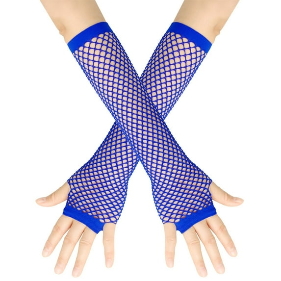 Women's Fishnet Gloves 80s Style Punk Fingerless Long Gloves, Stretchy Mesh Costume Gloves for Theme Parties, Retro Rock Nylon Gloves for Nightclub and Performance, Elasticated Evening Gloves Blue