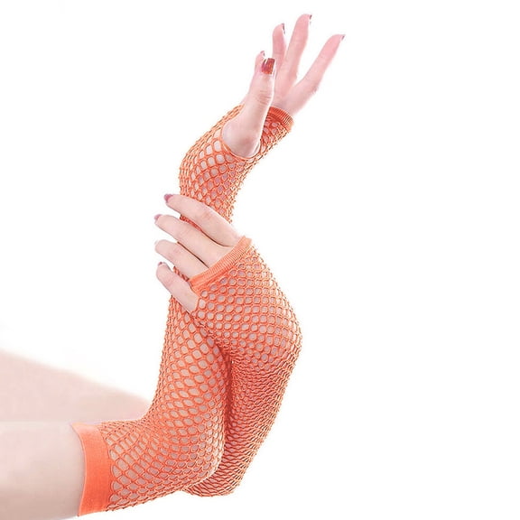 Women's Fishnet Gloves Elastic Mesh Medium Length Gloves, Fingerless Stage Performance Gloves, Stretchable Costume Gloves with Gothic Punk Style, Sexy Half Finger Party Gloves Orange