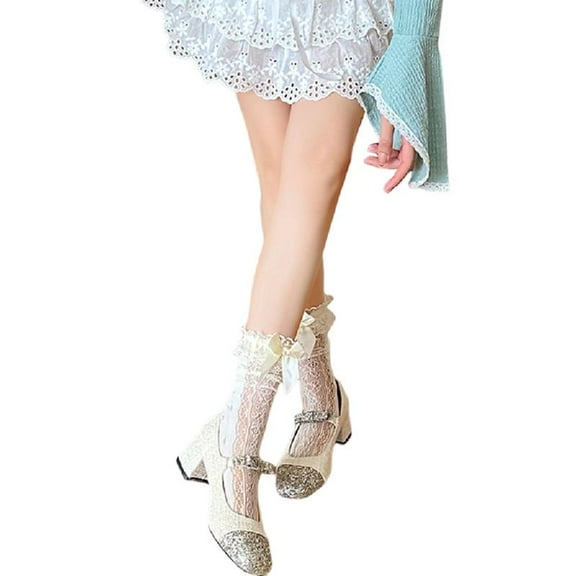 Women's Fishnet Knee Highs Socks Sheer Lace Trouser Socks Bows Calf Socks