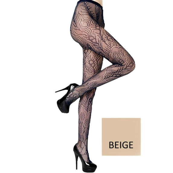 Women's Fishnet Pantyhose, Peacock Feathers/Beige, Plus Size, 1 Pair