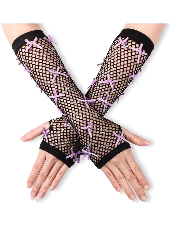 Women's Fishnet Polyester Fingerless Gloves with Rhinestone, Purple, 1 Pair