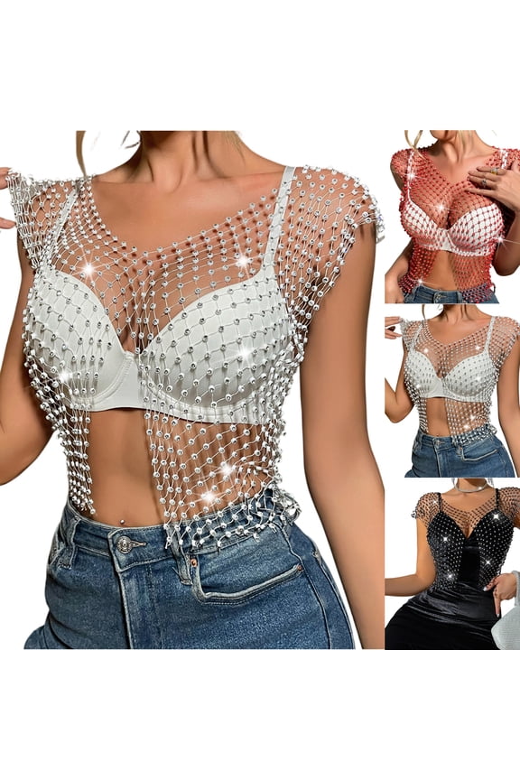 Women's Fishnet Shiny Diamond Slit Sexy Crop Top Belly Exposed Vest for Party, Halloween, Stage Performance and Festival,Red,XS