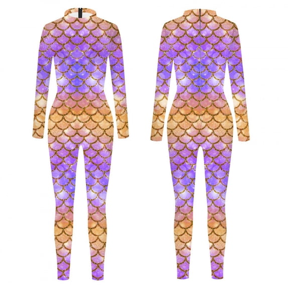Women's Fishscale Print Long Sleeve Jumpsuit Slim Fitted Bodysuit ...
