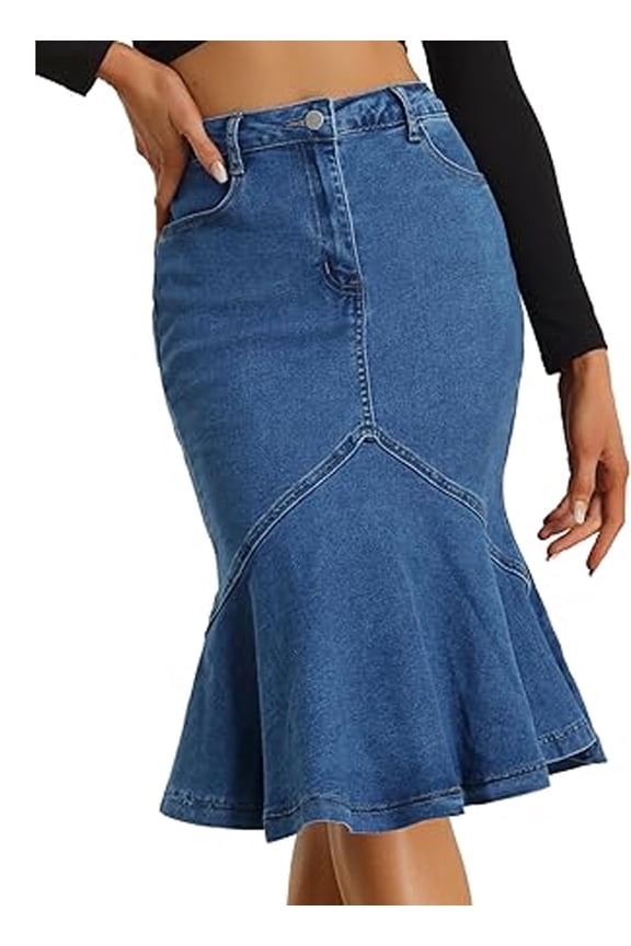 Women's Denim Mini Skirt Jean High Waisted Bodycon with Ruffles Casual Business Youth Midi Length Jean Skirt Blue