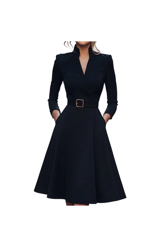 Women's Fit & Flare Work Dress, Solid Color V-Neck with Belted Waist & Full Skirt, Professional Office Dress for Business Casual & Christmas Party Black S