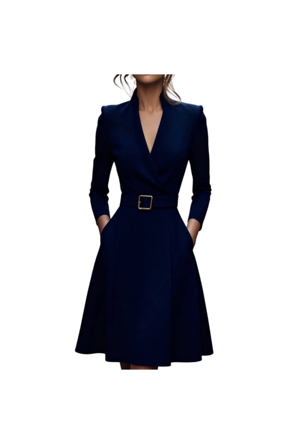 Women's Fit & Flare Work Dress, Solid Color V-Neck with Belted Waist & Full Skirt, Professional Office Dress for Business Casual & Christmas Party Navy M