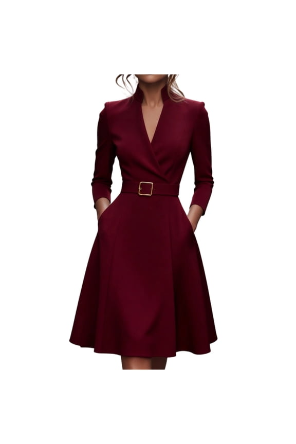 Women's Fit & Flare Work Dress, Solid Color V-Neck with Belted Waist & Full Skirt, Professional Office Dress for Business Casual & Christmas Party Wine M