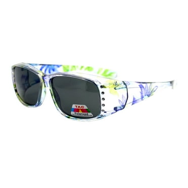 Women's Fit Over Glasses Polarized Sunglasses Rhinestones Floral Clear Blue Green