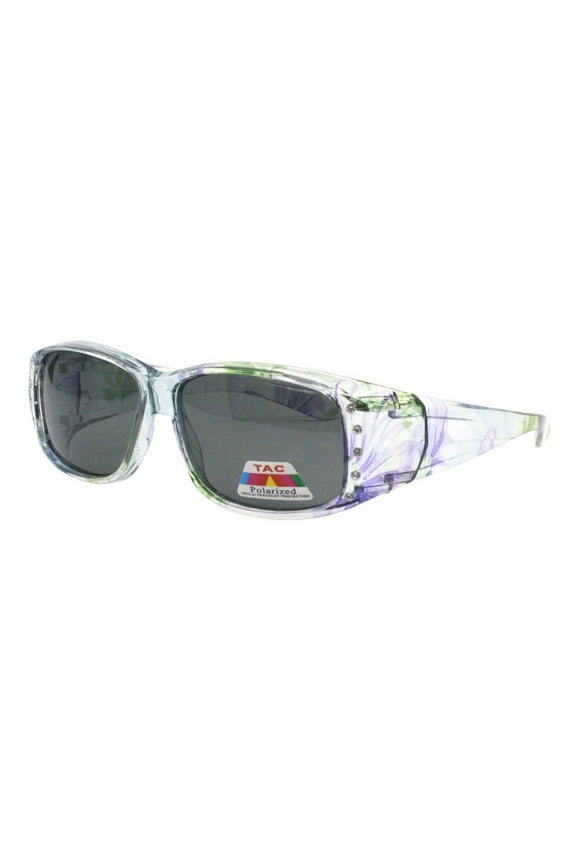 Women's Fit Over Glasses Polarized Sunglasses Rhinestones Floral Clear Blue Green