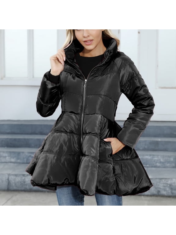 Women's Fit and Flare Puffer Coat with Tie Waist, Stand Collar, Full Zipper and Side Pockets