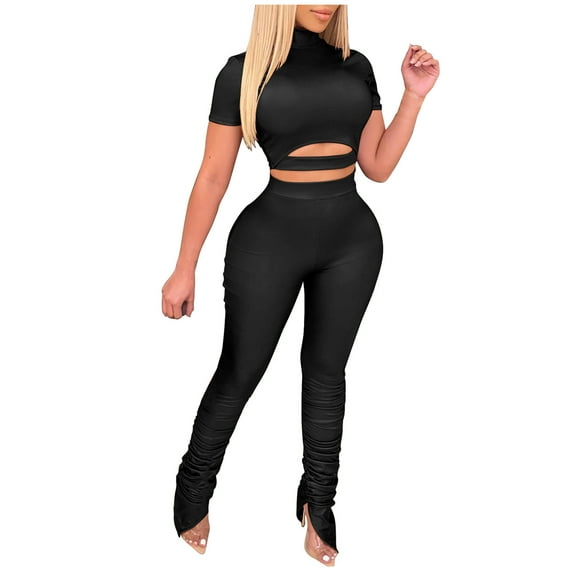 Women Fitted 2 Piece Outfits Short Sleeve Turtleneck Cutout Crop Top with Long Split Pants Legings Set Clubwear