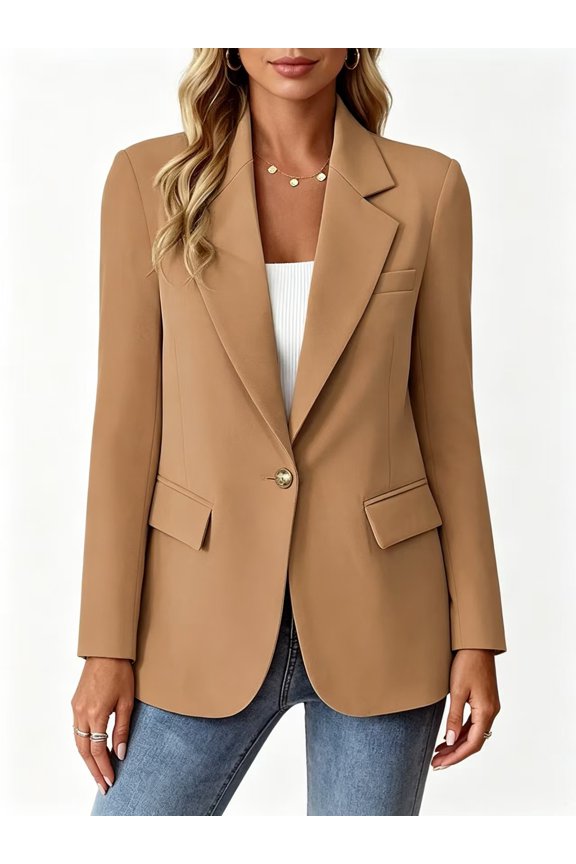 Women's Fitted Blazer, Long-Sleeve Lapel Single-Button Business Casual Commuting Formal Work Jacket with Front Pocket Design