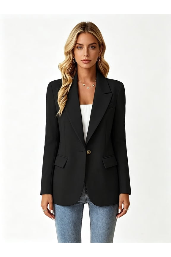Women's Fitted Blazer, Long-Sleeve Lapel Single-Button Business Casual Commuting Formal Work Jacket with Front Pocket Design