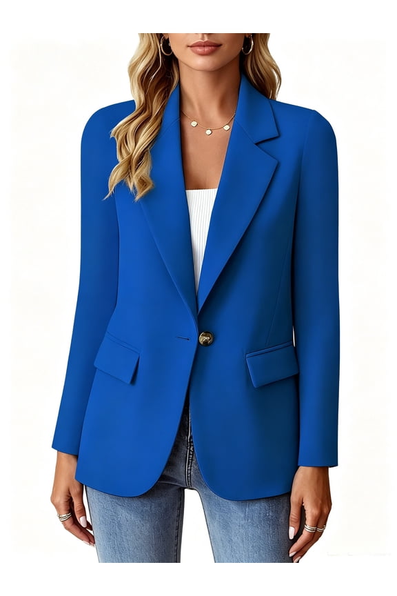 Women's Fitted Blazer, Long-Sleeve Lapel Single-Button Business Casual Commuting Formal Work Jacket with Front Pocket Design