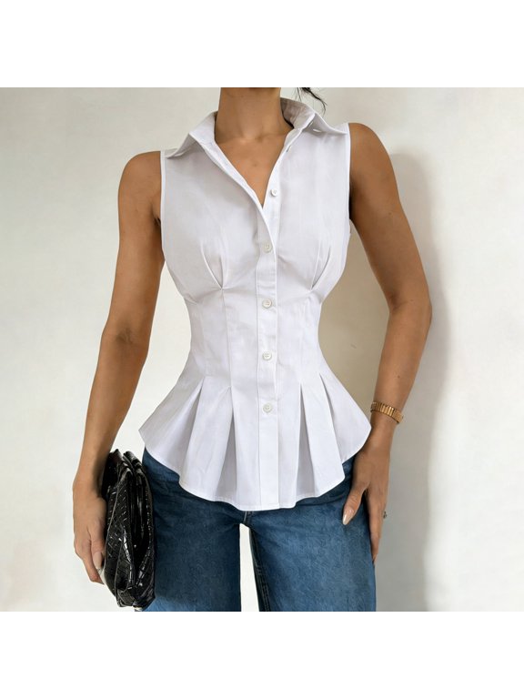 Women's Fitted Button Down Shirt Casual V Neck Business Work Tops Slim Fit Pleated Ruffle Hem Blouse
