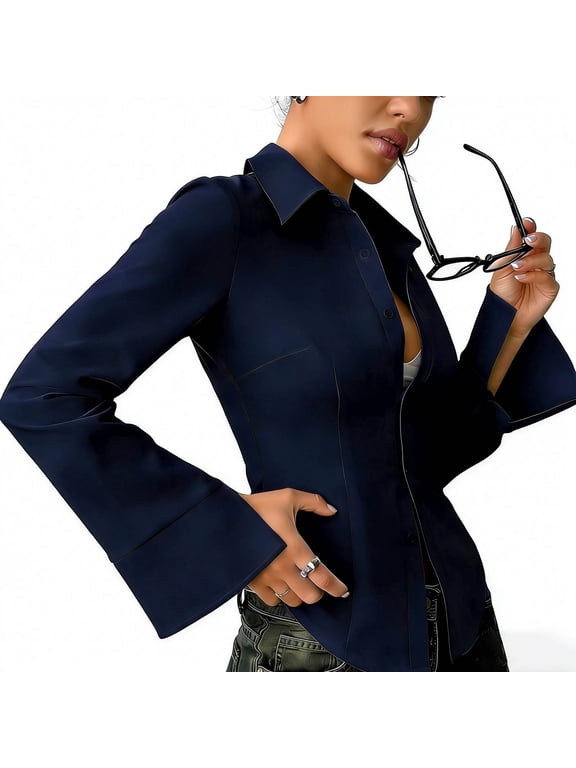 Women's Fitted Button Down Shirt Flare Sleeve Collared Blouse Y2K Cinched Waist Going Out Top