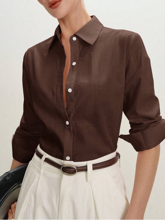 Women's Fitted Button Down Shirt with Turn-Down Collar and Long Sleeves for Office Wear