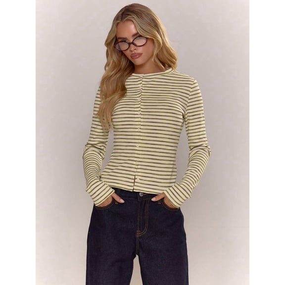 Women's Fitted Button Front Top Round Neck Long Sleeve Knit Tee Slim Fit Pullover for Daily Wear