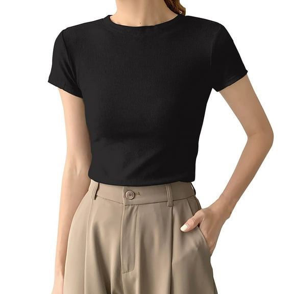 Women's Fitted Cotton T-Shirt - Structured Shoulder Slimming Short Sleeve Top | Yubnlvae | High Elasticity Screw Thread Cotton Regular Shoulder Round Neck (Black | M)