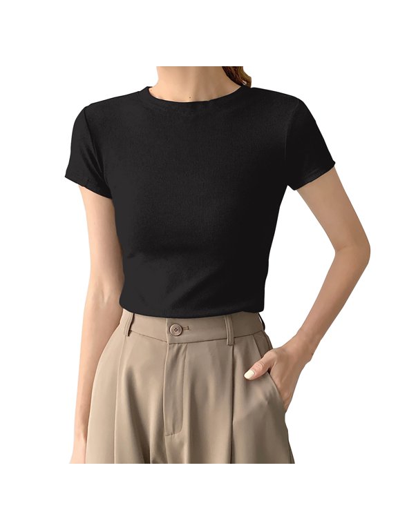 Women's Fitted Cotton T-Shirt - Structured Shoulder Slimming Short Sleeve Top | Yubnlvae | High Elasticity Screw Thread Cotton Regular Shoulder Round Neck (Black | L)