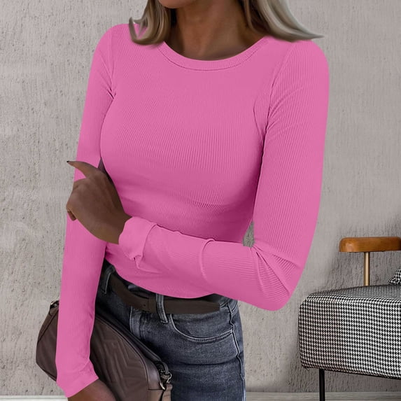 Women's Fitted Long Sleeve Crewneck T-Shirt Stretch Ribbed Casual Basic Top