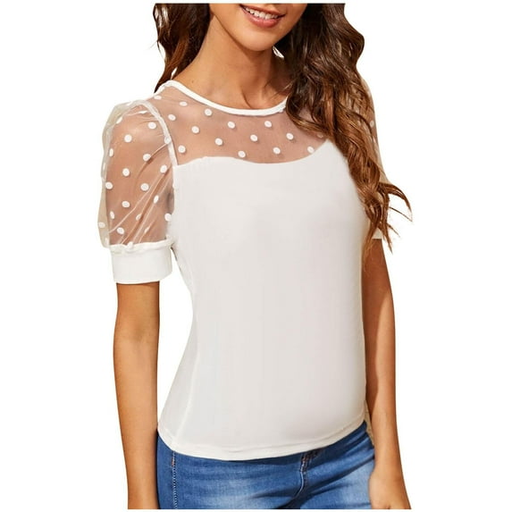Women's Fitted Puff Sleeve Tops Polka Dots Mesh Patchwork Crew Neck Dressy Casual Blouses Short Sleeve Tshirts (XL, White)