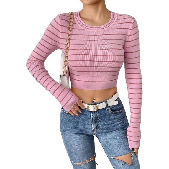 Women's Fitted Ribbed Crewneck Long Sleeve Crop Tops Tee Shirts