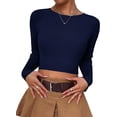 thumbnail image 1 of Women's Fitted Ribbed Crewneck Long Sleeve Crop Tops Tee Shirts, 1 of 4