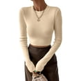 thumbnail image 1 of Women's Fitted Ribbed Crewneck Long Sleeve Crop Tops Tee Shirts, 1 of 4